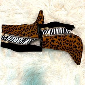 DIANE ANIMAL PRINT SIDE ZIPPER HEELED BOOTS. SIZE US6/UK4/EU6.5.